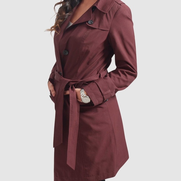 OLGYN Women’s Belted Burgundy Trench Coat - Picture 3 of 5